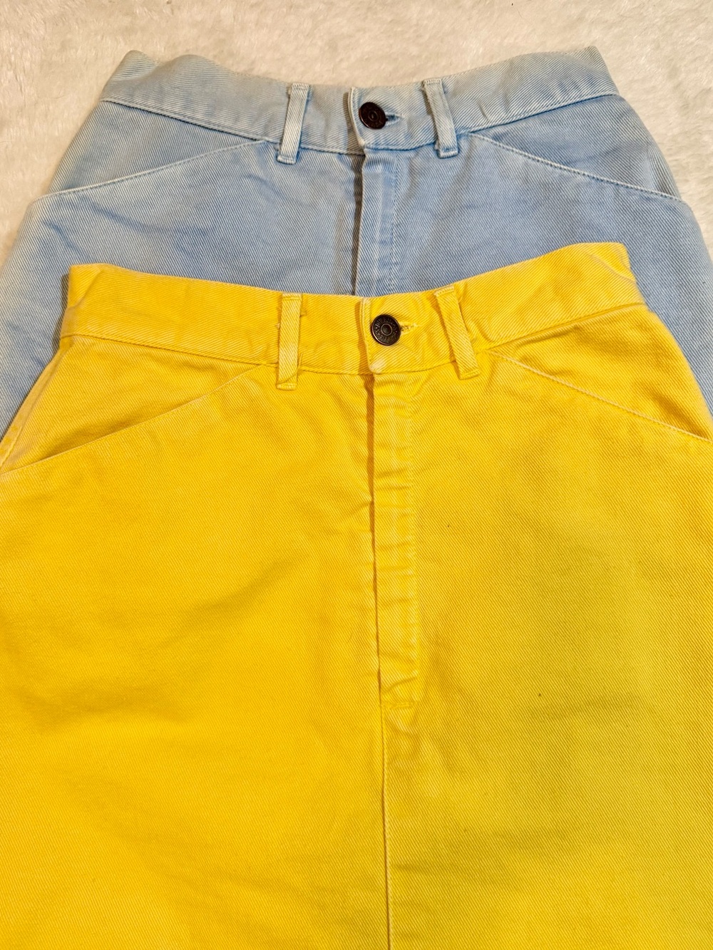 2 VTG 80s Ruff Hewn Denim Skirts in Blue and Yellow